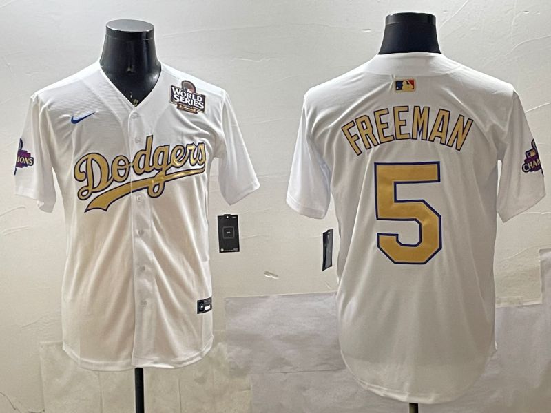 Men Los Angeles Dodgers 5 Freeman White Champion gold character 2025 Nike MLB Jersey style 3313
